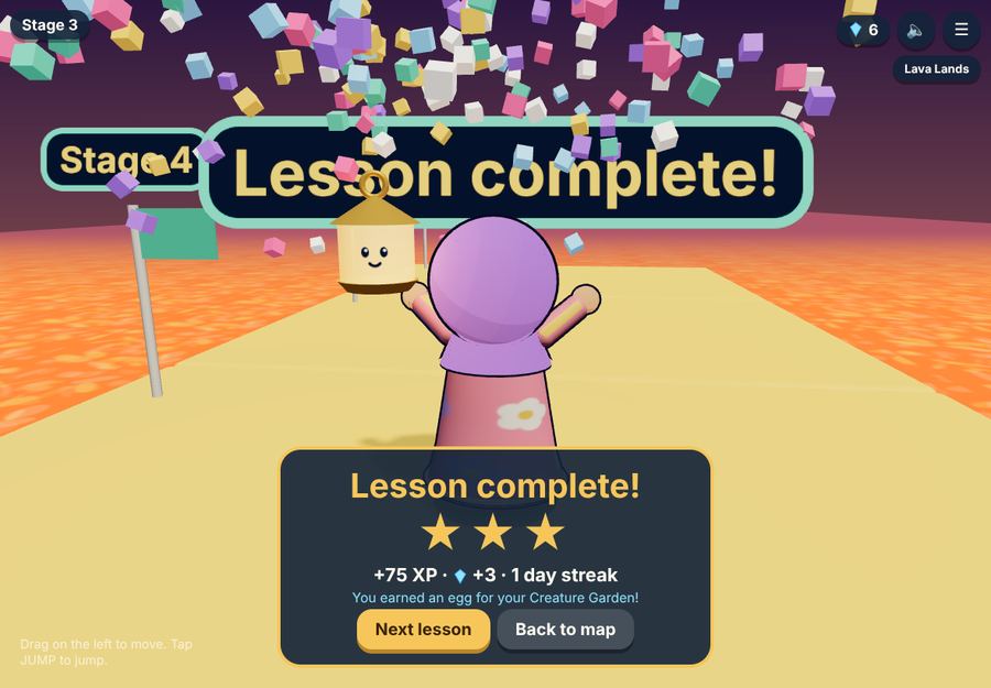 Lesson complete screen with three stars, gems and confetti