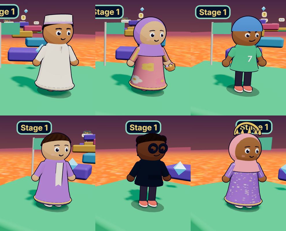 Six Ilmlings: kids in a thobe and kufi, abayas and hijabs, a team jersey, a dress, and a hoodie